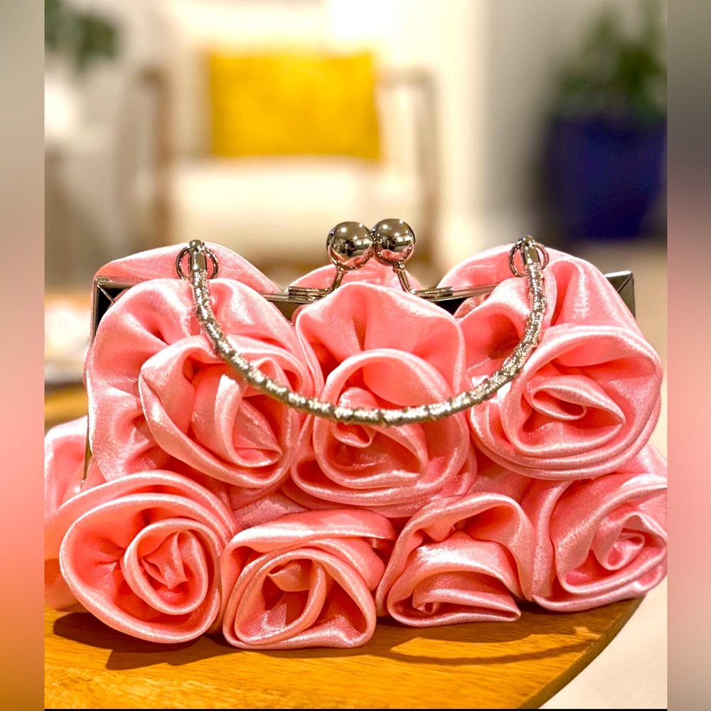 Pink Rose Floral Silk Purse Evening Bag Bridal - Made by IndusThreadss
